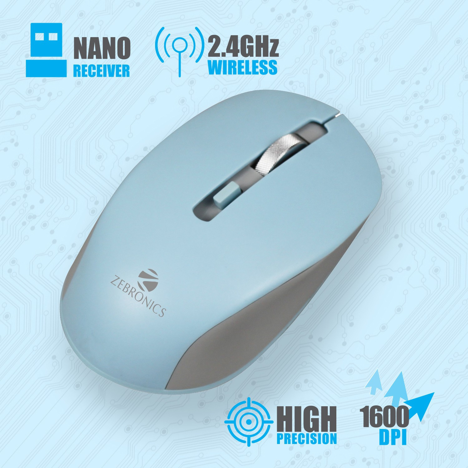 ZEBRONICS Jaguar Wireless Ambidextrous Optical Mouse Wireless Mouse, High Precision, 4 Buttons, Plug & Play Ambidextrous  (2.4GHz Wireless, Blue)